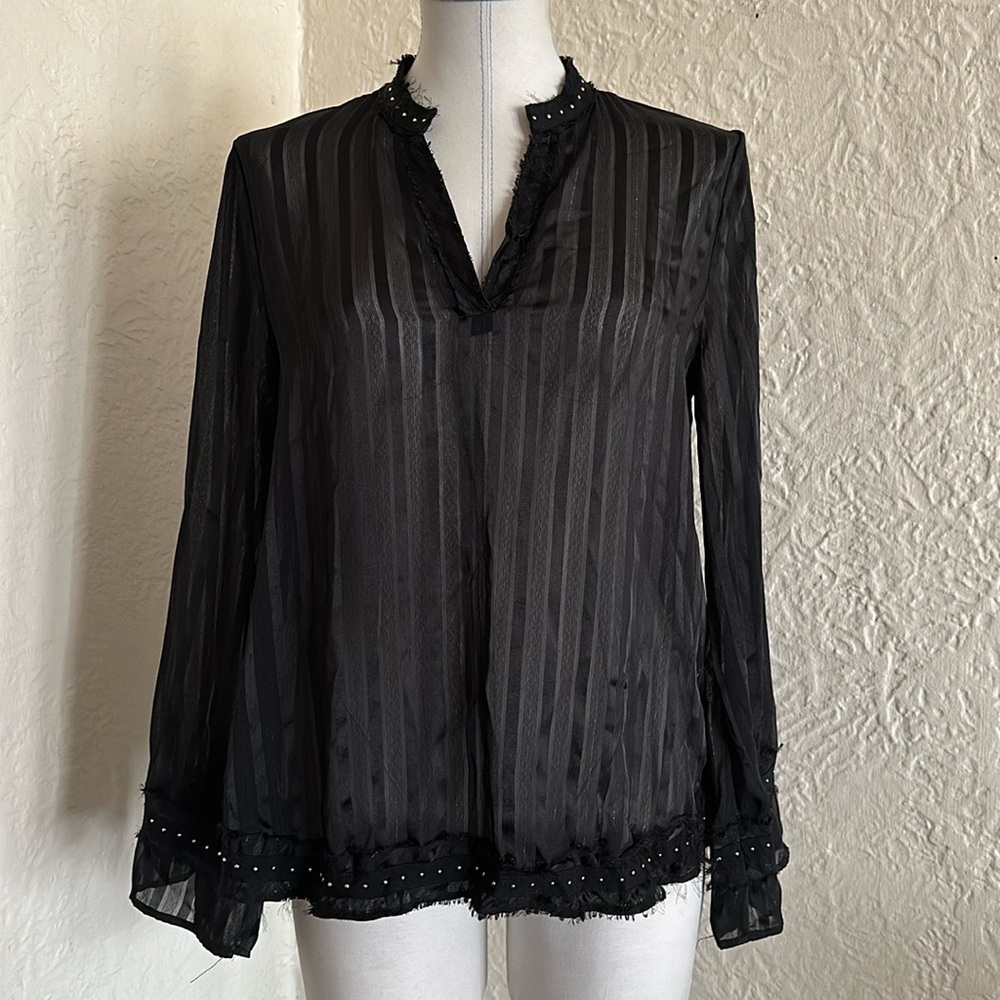 Zara Black Sheer Striped Frayed Grosgain Ribbon Silver Stud Long Sleeve Blouse M